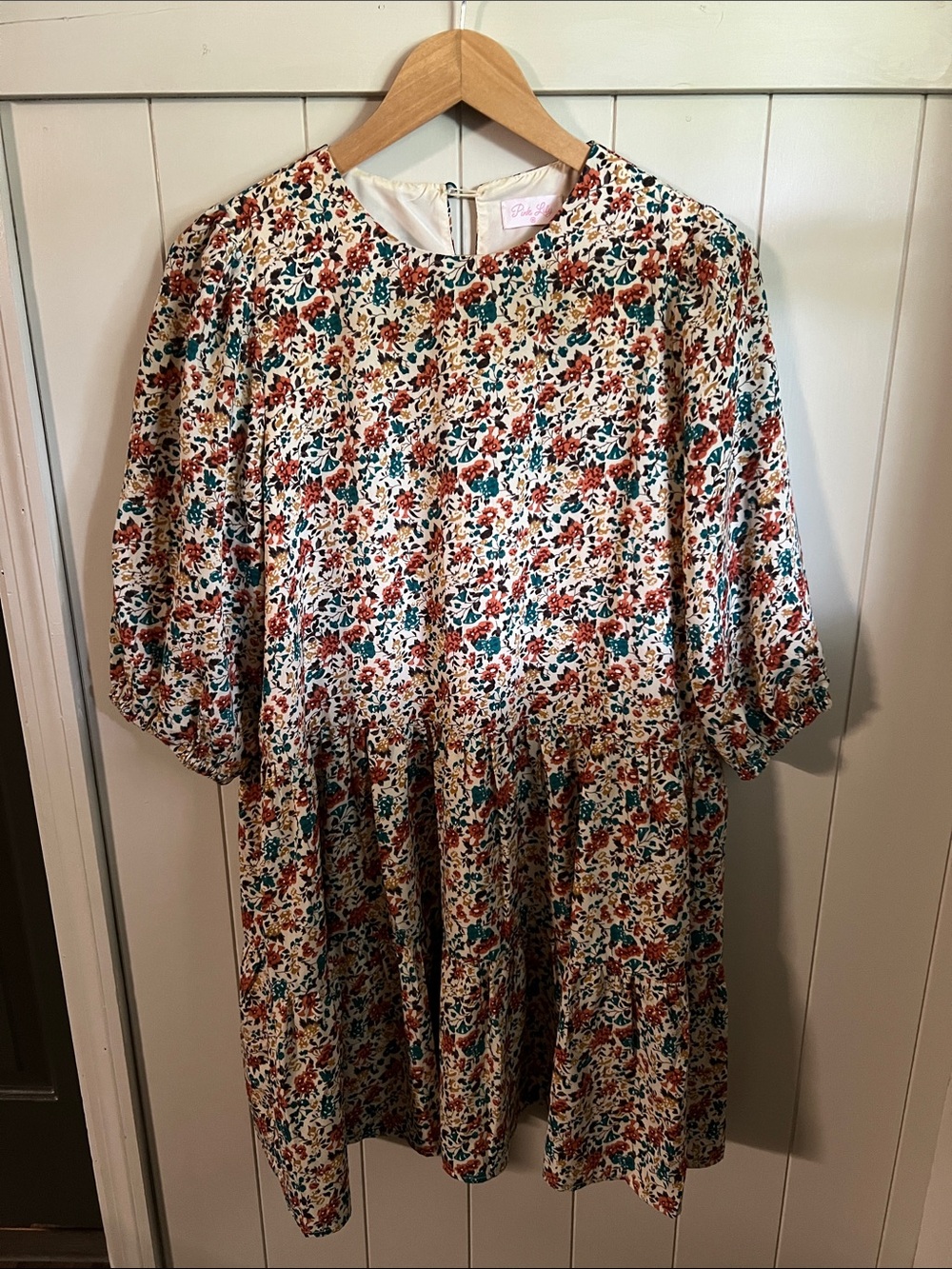 Pink Lily Floral Mini Dress in Cream with Teal & Rust